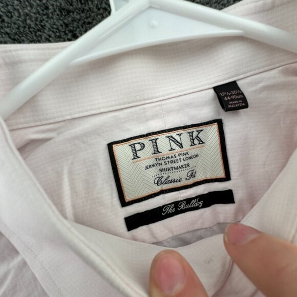 Thomas Pink Bulldog Long Sleeve Button Up Shirt Adult Size 17.5 35.5 Pink Check - Picture 8 of 15
